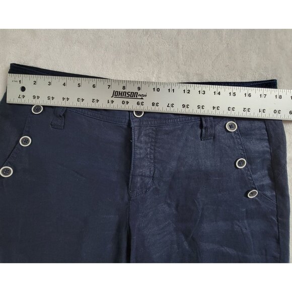 Cabi Women Navy Linen Straight Leg Cropped Pants Size 10 Nautical Button Accent - Picture 7 of 11